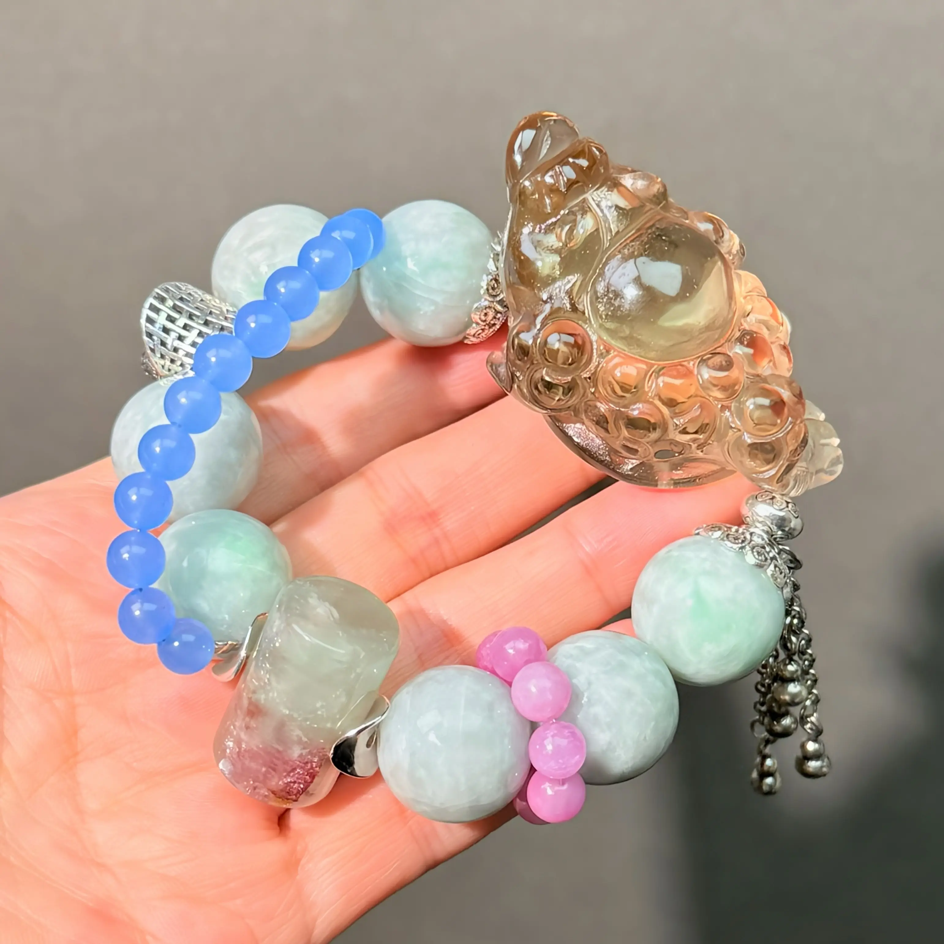 Non-Natural Crystal Beading Bracelet, 076 Citrine Jadeite Kunzit Jewelry for Feng Shui Gift