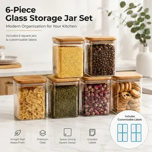 6-Piece Square Glass Storage Jars with Bamboo Lids, Airtight Food Containers for Kitchen, Stackable Pantry Organizers with Labels for Grains, Spices & Snacks