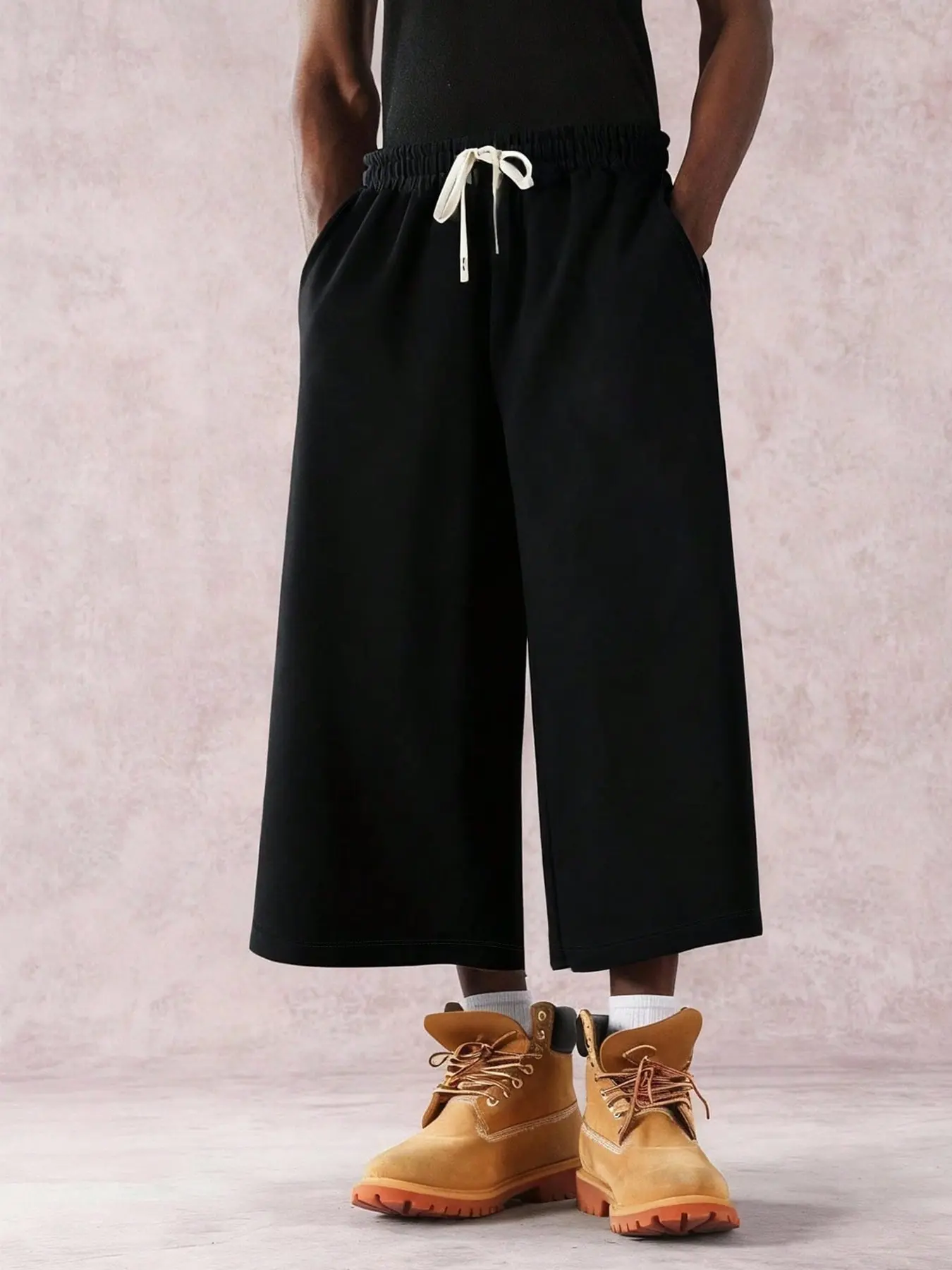 1 Piece Men's Baggy Cropped Pants High Street Opium Style Solid Wide Leg Drawstring Trousers Male Skateboard Casual Capris Loose Fit Bottoms Black