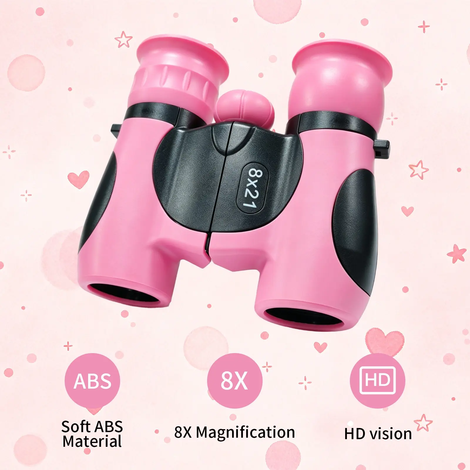 Pink Kids Binoculars 8x21 HD, Ultra-Compact 9.7cm, Shockproof Soft Gel, Adjustable Eye Distance, Outdoor Bird Watching, Birthday Gift