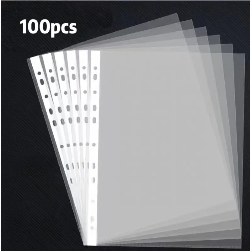 100pcs/200pcs 11-hole transparent A4 plastic folder, A4 loose-leaf bag, white inner page storage bag, protective film cover, information bag, file protection bag, insert bag, perforated, durable and stackable, suitable for office finishing.