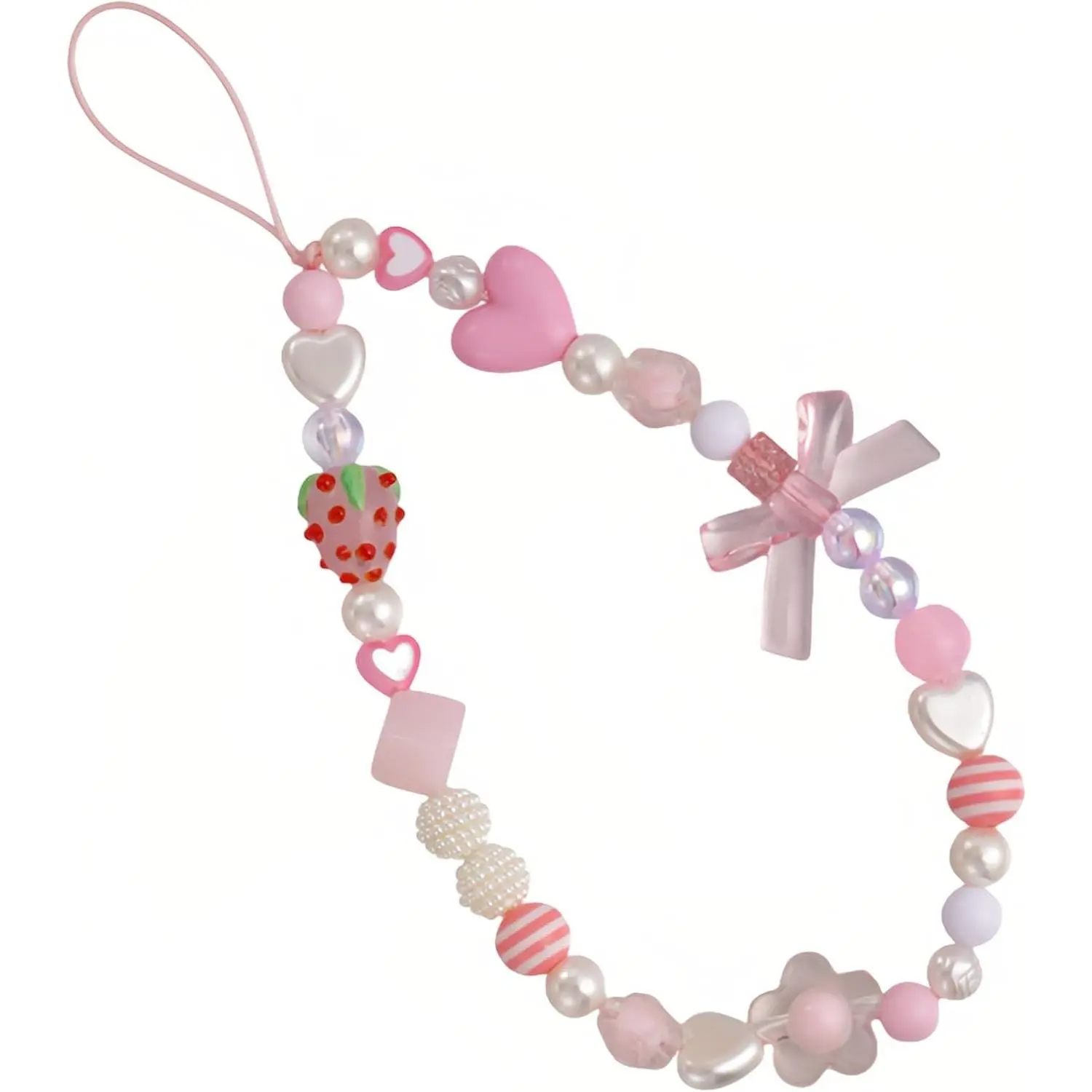 Strawberry Charm Phone Strap & Wristlet - Anti-Loss Sparkle Beaded Lanyard for Phone camera, Cute Kawaii  for Women Girls (  Bow), Short Lightweight Design