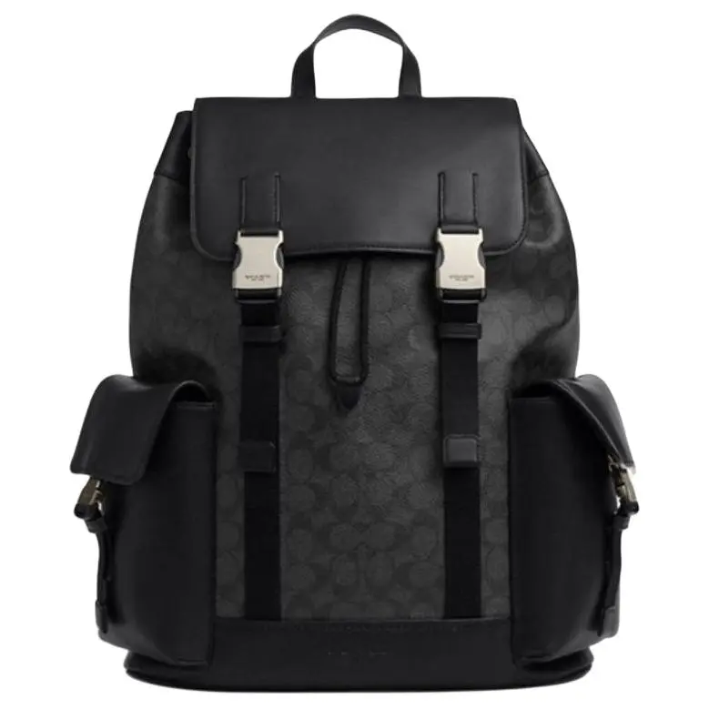 COACH Clark 33 Flip-Top Dual-Buckle Leather Backpack for Men, Large Size, Black