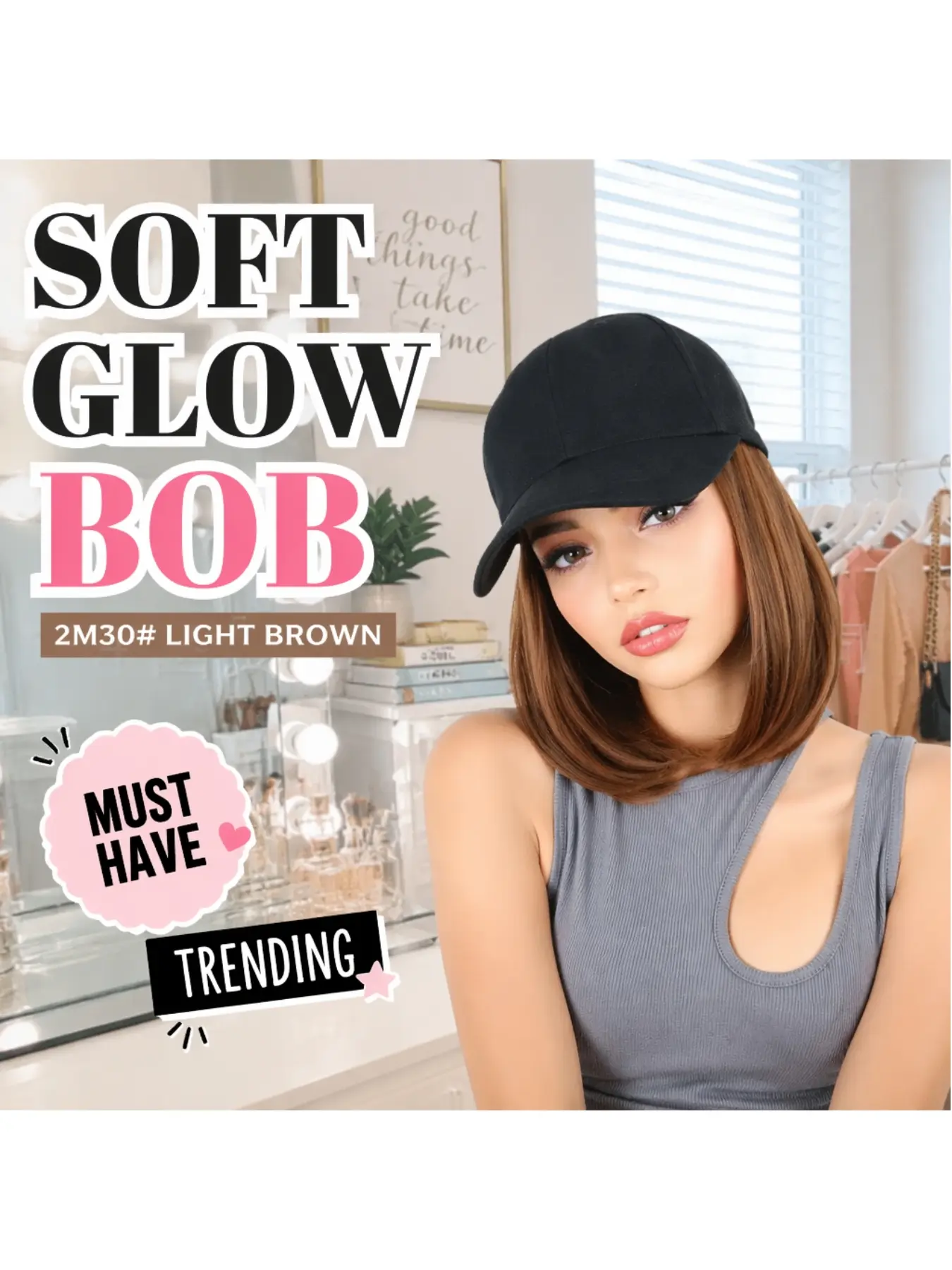 All In One Short Bob Hat Wigs For Ladies, 8inch Straight Synthetic Baseball Cap Wig, 4 Natural Hair Colors Lightweight Versatile Outdoor Hair Accessory, Synthetic Fiber Wig