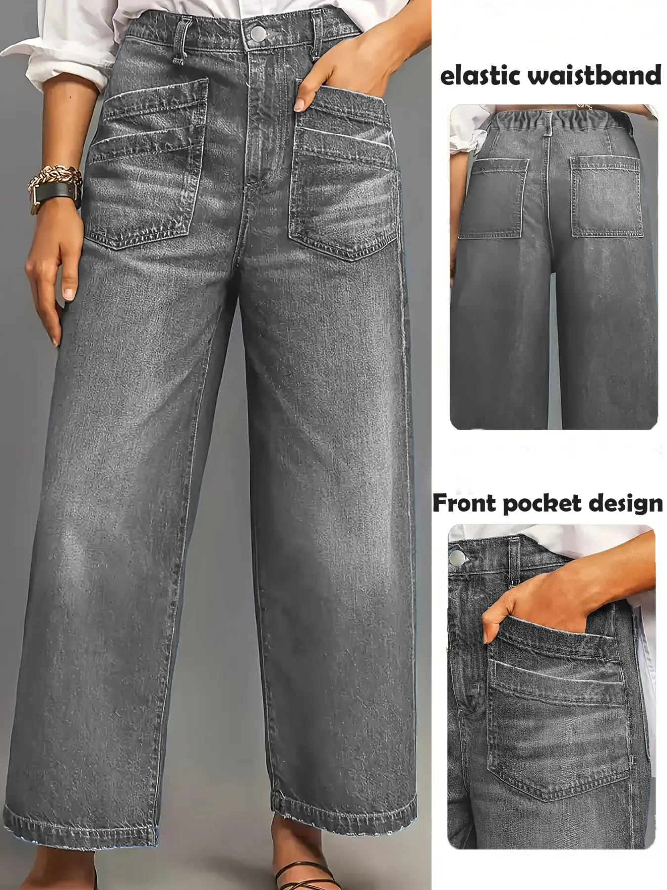 Casual Women's Patch Pocket Mid-Waist Denim 9/10 Pants, Comfortable Fit, Perfect for Daily Wear, Stylish & Practical Design, Womenswear