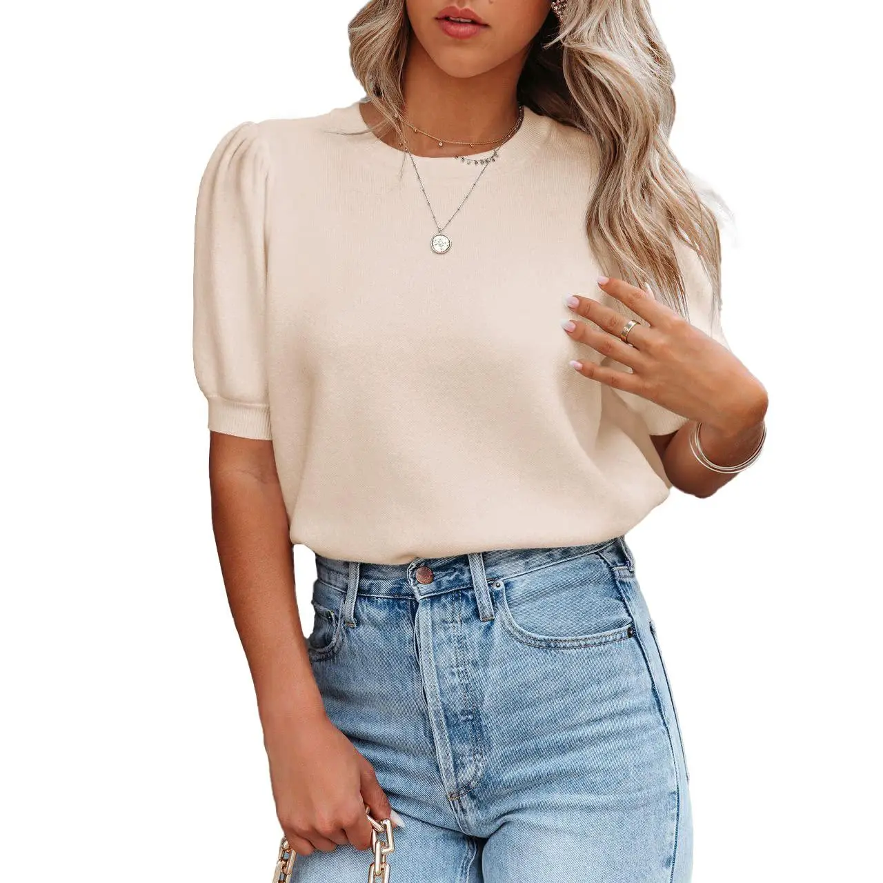 YF Clearance Sale Women Crew Neck Puff Short Sleeve Knit Top, Solid Basic Pullover Sweater Tee, Soft Breathable Lightweight Casual Blouse, Everyday Summer Layering Shirt Gift for Her Black Beige S-XXL