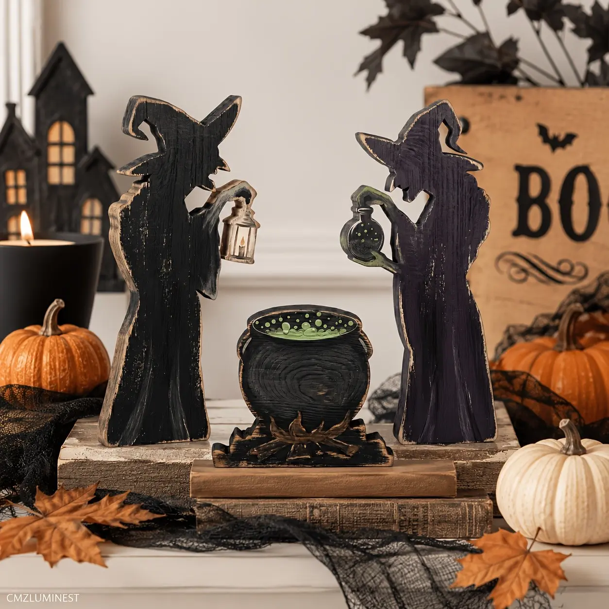 3-Piece Halloween Vintage Witch Wooden Desktop Decor, Rustic Witch Cauldron Layered Tray, American Country Horror Style Halloween Shelf Fireplace Decoration
