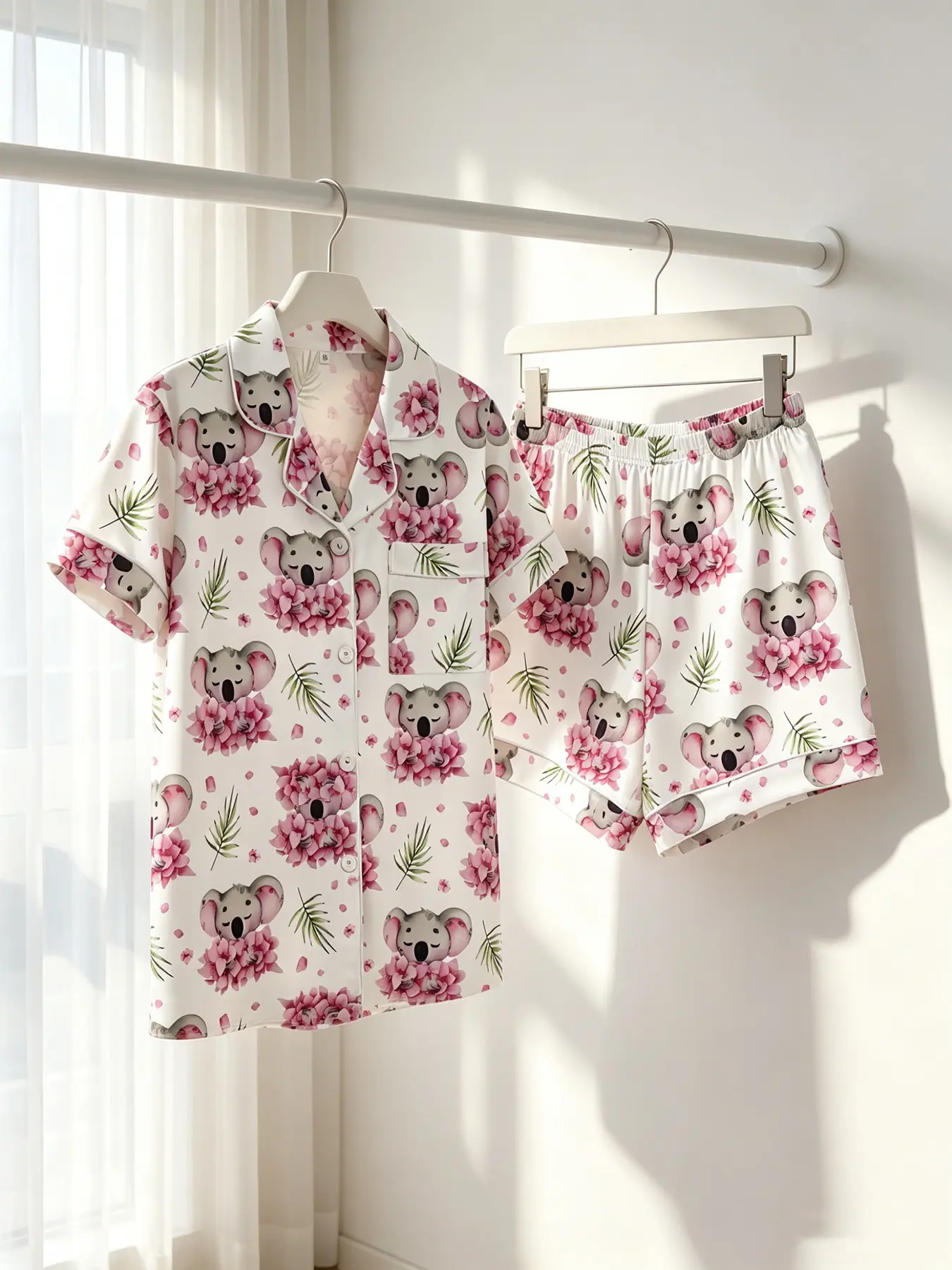 Women's Button-Down Short Sleeve Top & Shorts Pajama Set, Cute Koala Floral Print on White, Spring Summer Wear, Loose Comfortable, Versatile Loungewear for Relaxing & Working, Matching Pyjamas