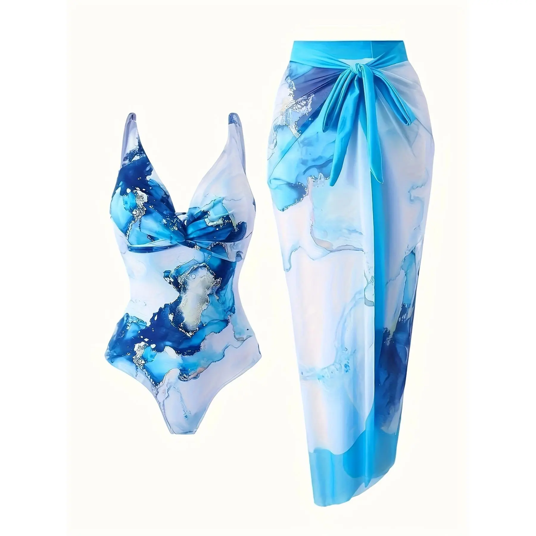 Gradient Blue Marble Print One Piece Swimsuit & Knotted Wrap Sarong Two Piece Swimwear Twist front thin strap gold foil marbling swimsuit, matching tie-front sheer cover skirt two piece vacation set Summer Vibes