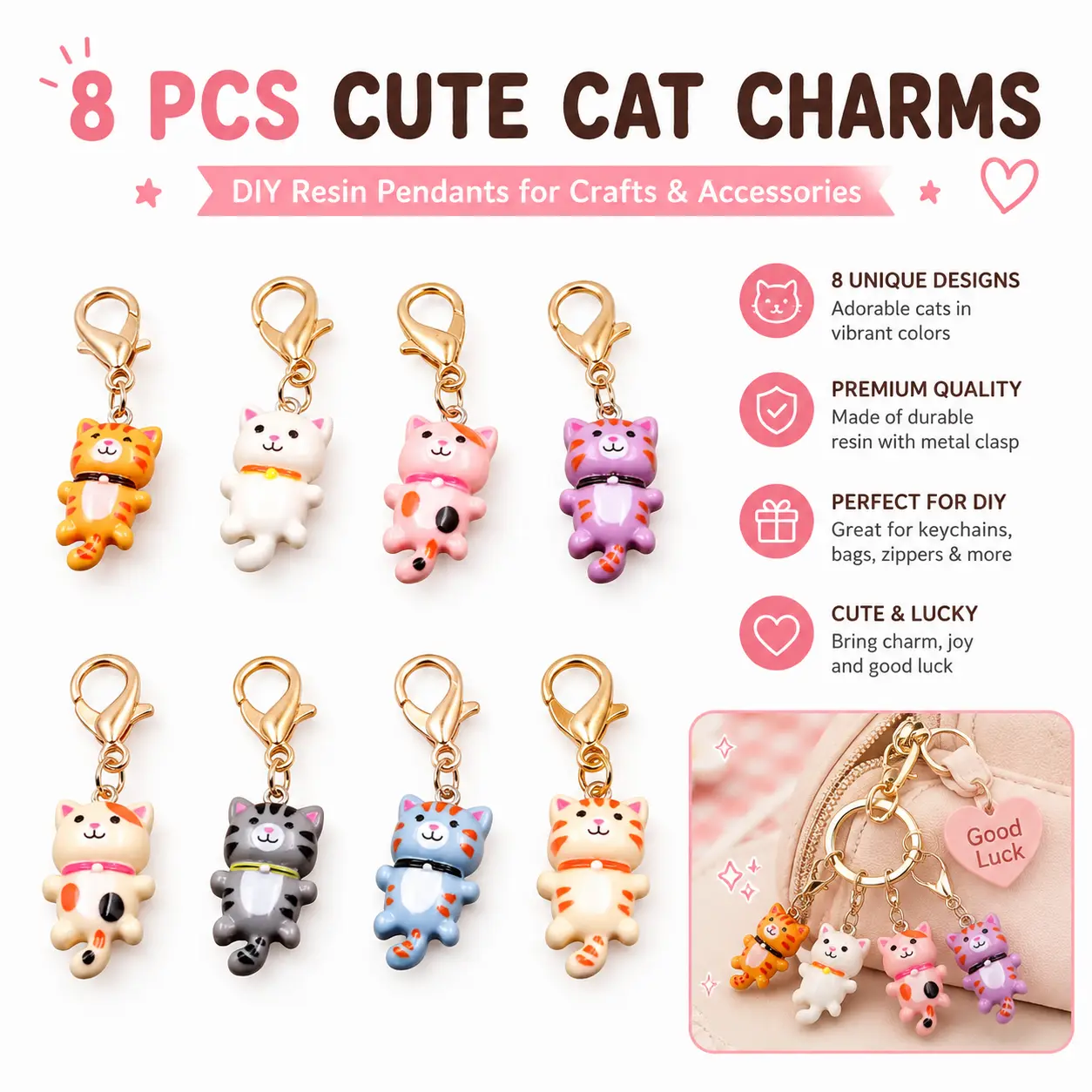 Cute Cat Design Keychain, Cartoon Animal Decor Keychain for Women & Men, Fashion Accessories for Bag & Car Key Decoration, Keychain Set, Keychain Kawaii, Cute Keychain Accessory-YY0