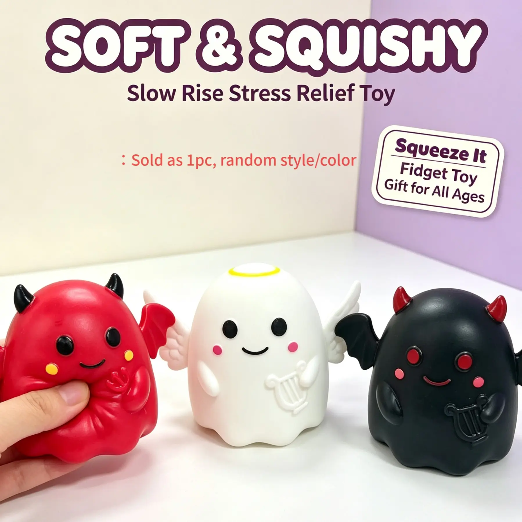 Cute Angel Devil Ghost Squishy Toy, Super Soft Slow Rebound Stress Relief, Sensory Fidget Toy, Halloween Desk Decor, Gift for Kids and Adults