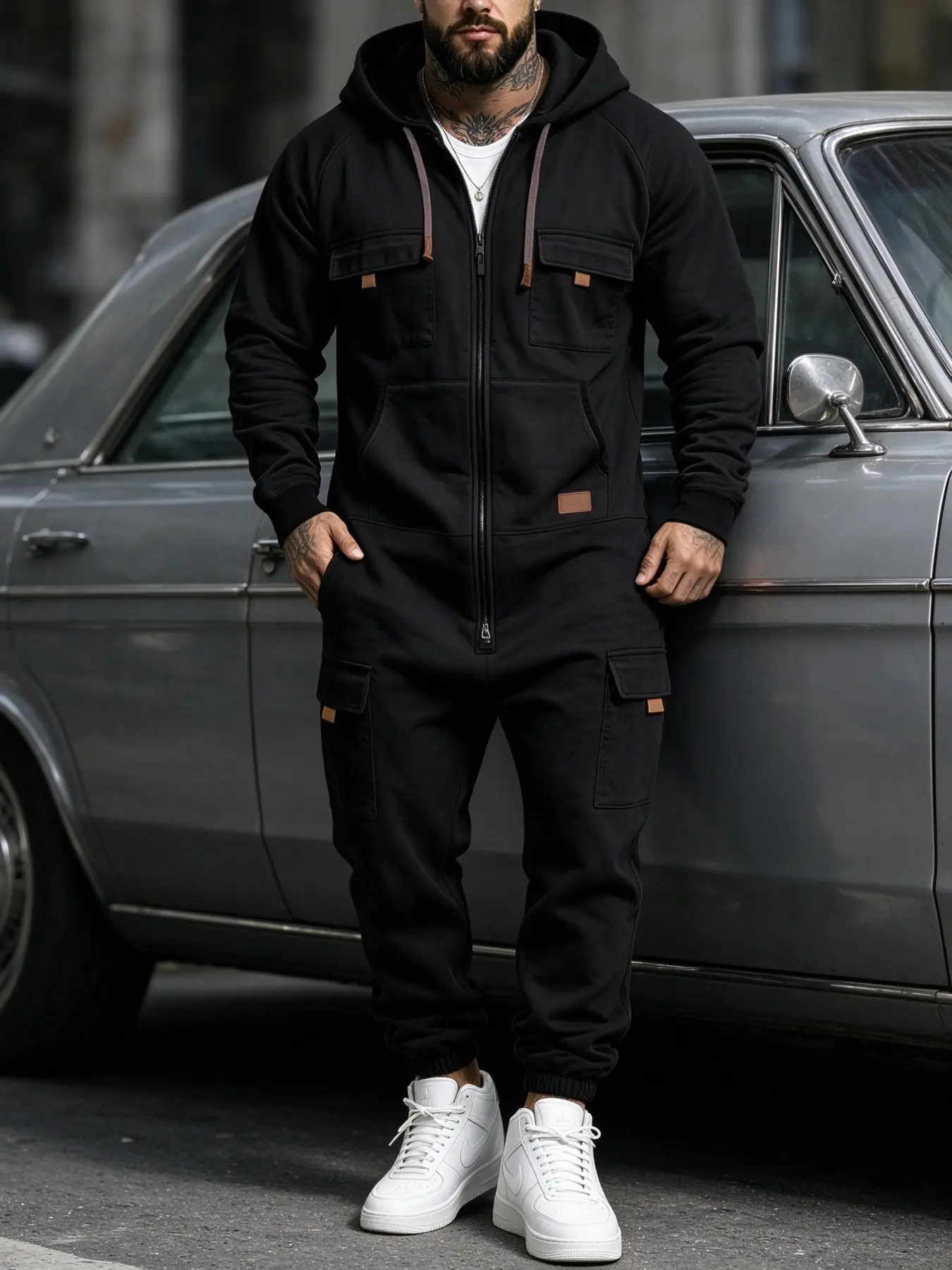 Men's Hooded Workwear Jumpsuit, Full Zipper Outerwear, Multi-Pocket Design, Loose-Fit, Outdoor & Casual, Large Size Men's Clothing
