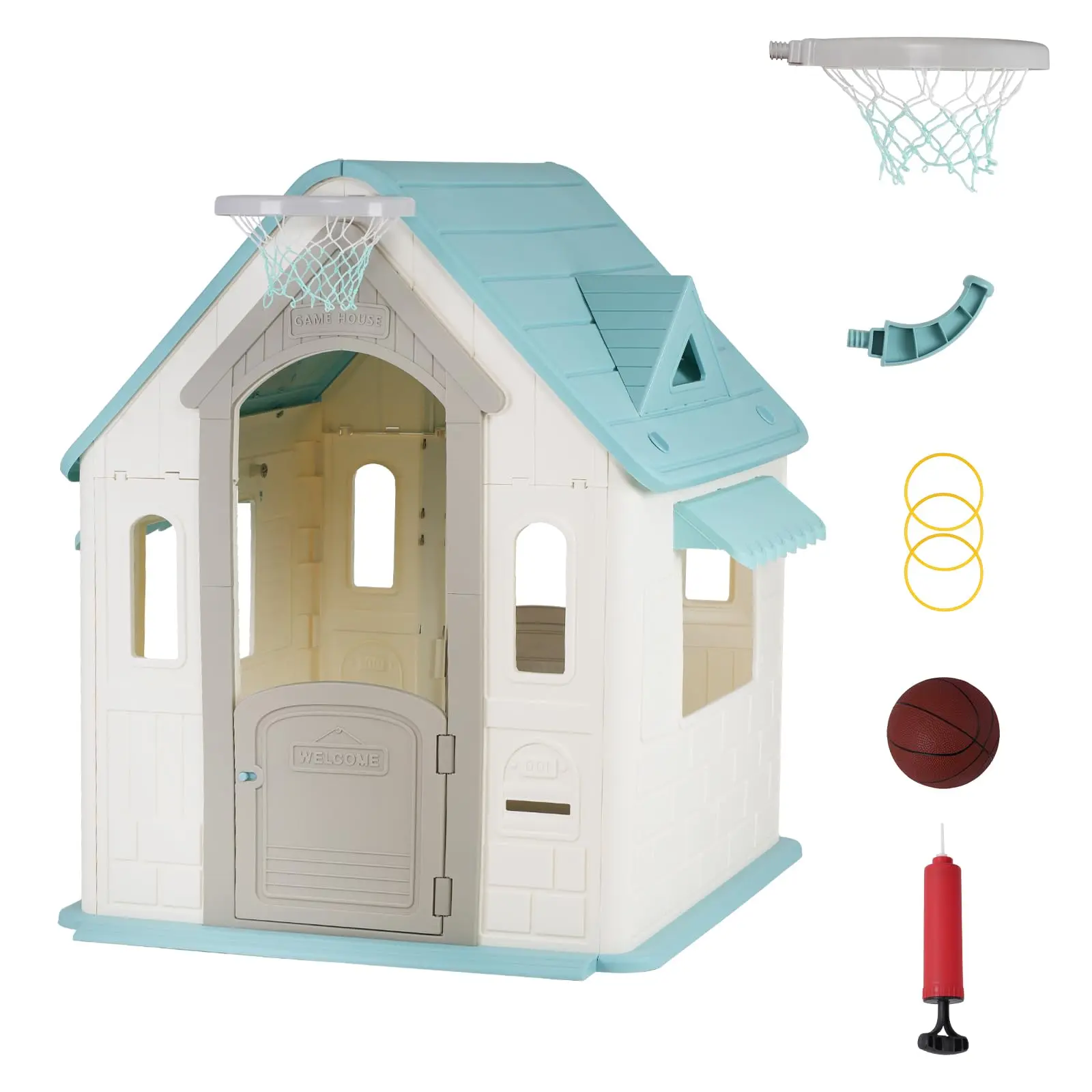 Multi-Activity Kids Playhouse with Basketball Hoop, Ring Toss Game and Mailbox, Indoor & Outdoor Toddler Play Cottage for Ages 2 and Up, Sturdy Backyard Kids Playhouse