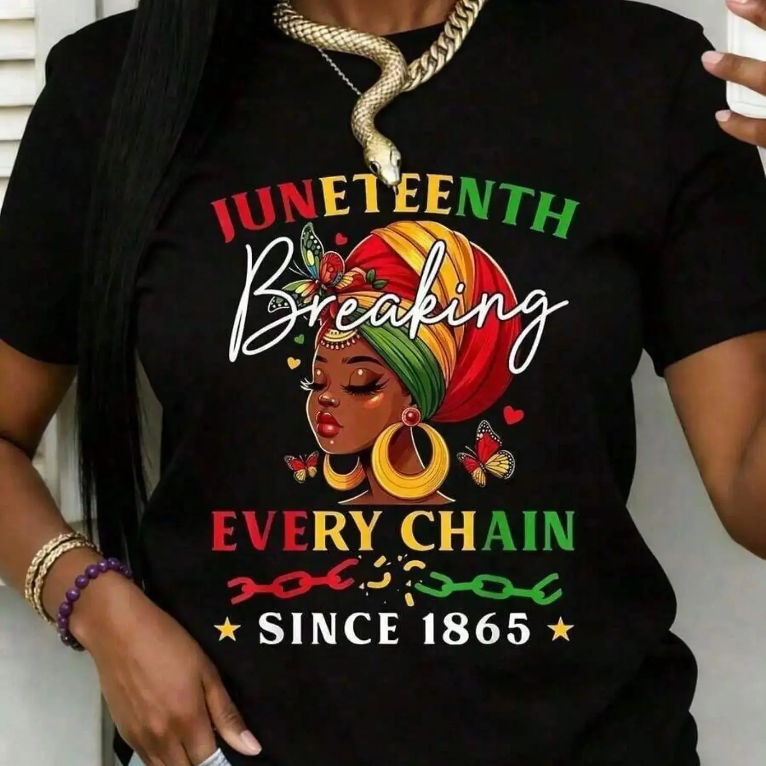 Juneteenth Breaking Every Chain Since 1865 Big & Tall Black and White T-Shirt for Women Plus Size - Celebrate Freedom Independence Day Holiday Gift graphic tee