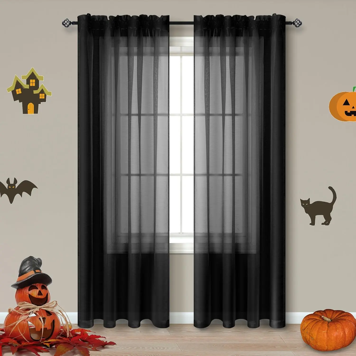 Black Sheer Curtains 84 Inch Length for Living Room 2 Panels Set Rod Window Curtains for Bedroom 52x84 Inches Long