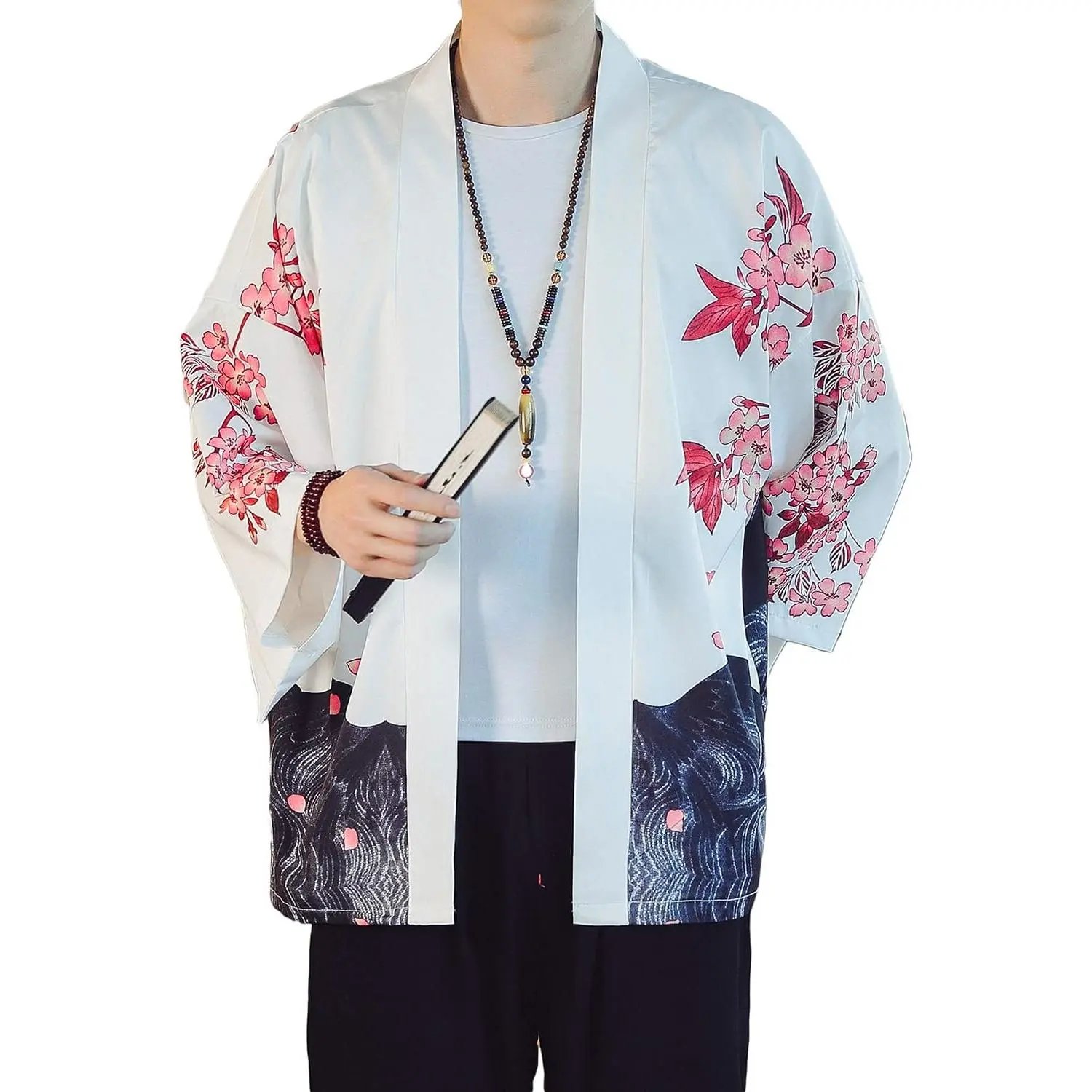 Men's Lightweight Japanese Style Kimono Jacket Seven-Sleeve Open Front Cardigan Coat Bathrobe(Gift)