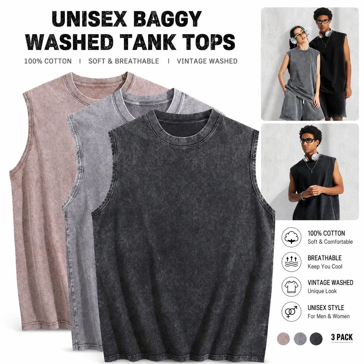3 Pack Oversized Vests for Men Gym Vintage Heavyweight Vests Cotton Workout Acid Wash Baggy Vests All Seasons Casual Wear