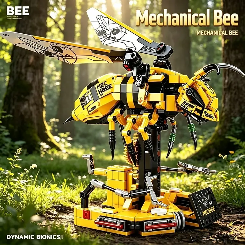 Sci‑Fi Mechanical Bee Building Blocks, Bumblebee Mecha Semi‑Mechanical Structure, Movable Wings DIY Bricks Decor。