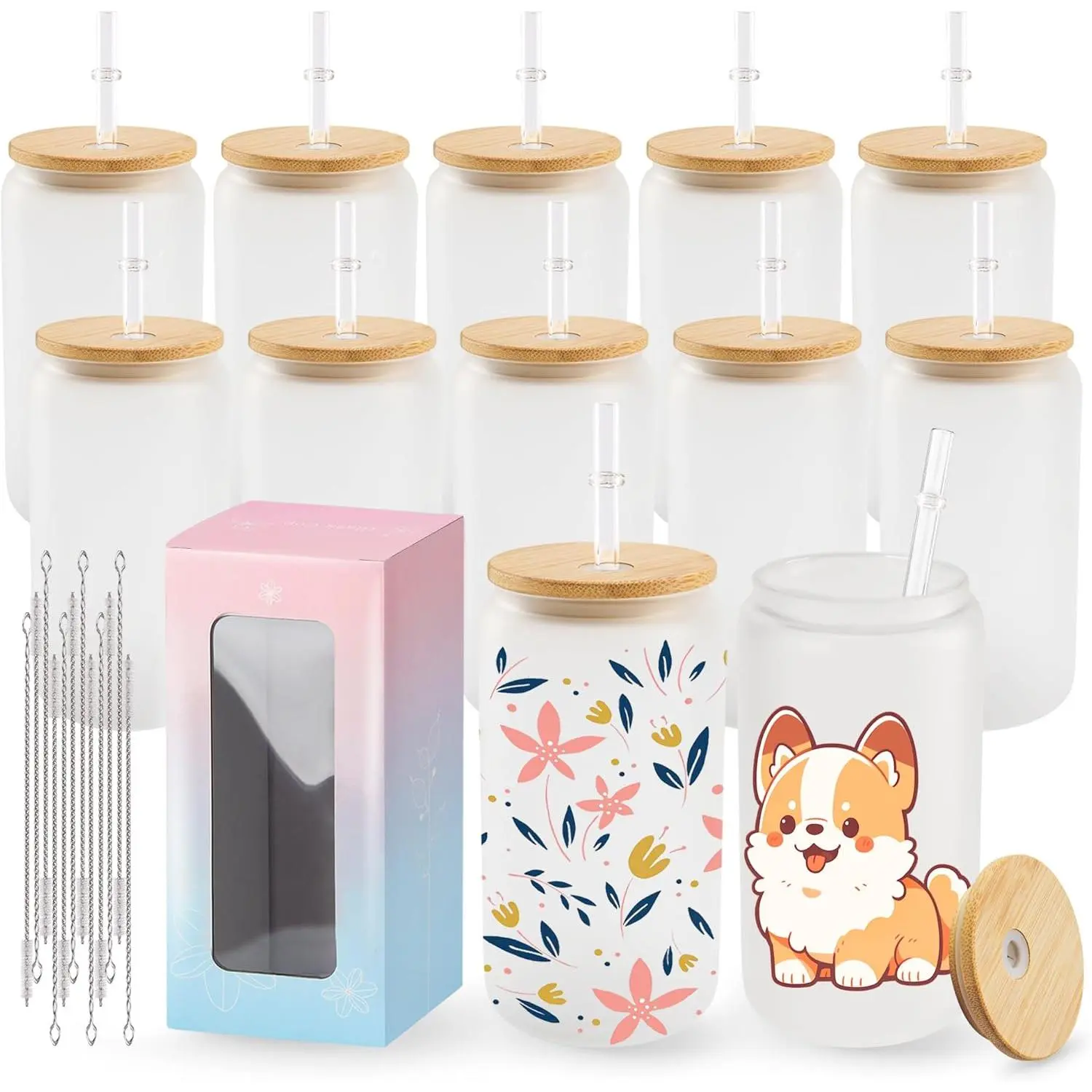 12-Pack 16oz Frosted Glass Can-Shaped Tumblers, Sublimation Blanks Bulk with Lids and Straws for Iced Coffee, Graduation Gifts, Party Favors, Coffee Bar, Birthdays (Craft Sellers, DIY Small Business Use)