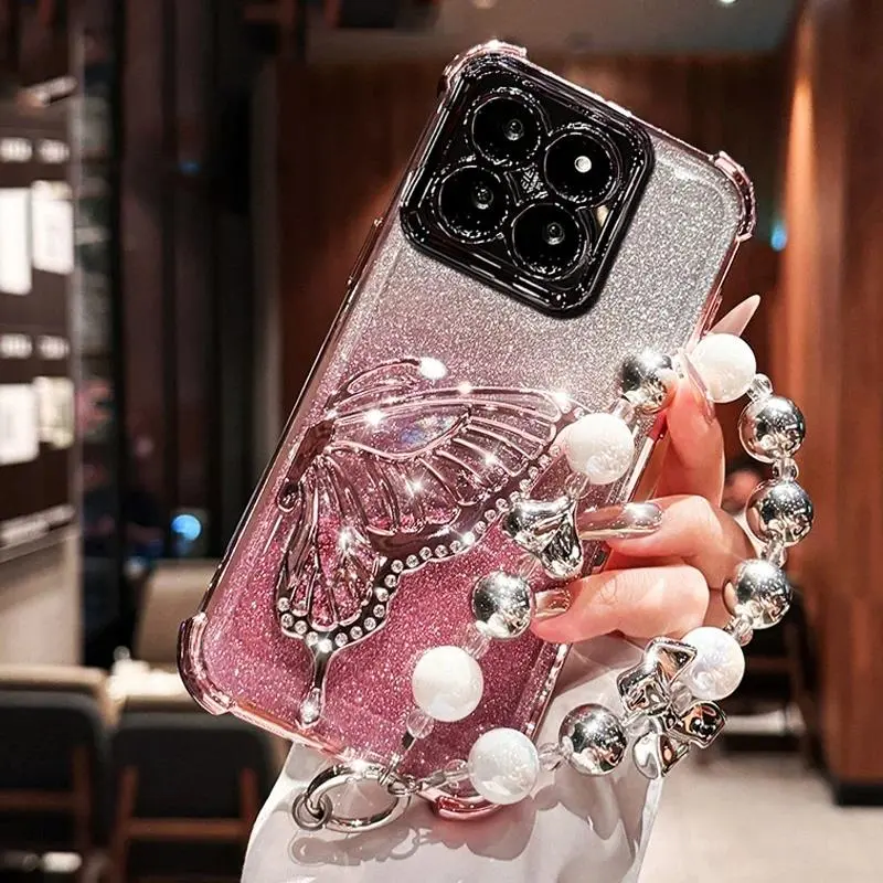 Shockproof Plating Glitter Butterfly Bracket Holder Bracelet Soft Case for iPhone 17, 17 Pro Max, 16, 16 Plus, 16E, 15, 14, 13, 12, 11