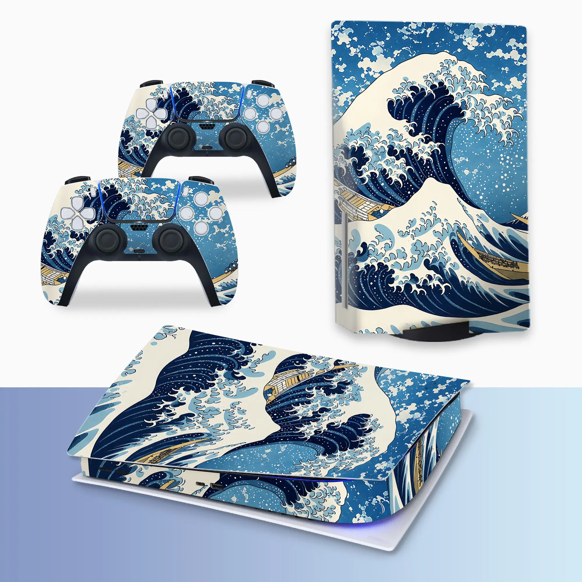 Blue Ukiyo‑e Great Wave Ocean Vinyl Skin Decal Set for PS5, Includes Console Skin + 2 Controller Skins, Classic Vintage Ocean Wave Art Pattern, Aesthetic Stickers, Durable Scratch‑Resistant, Removable No Residue PVC Vinyl Sticker