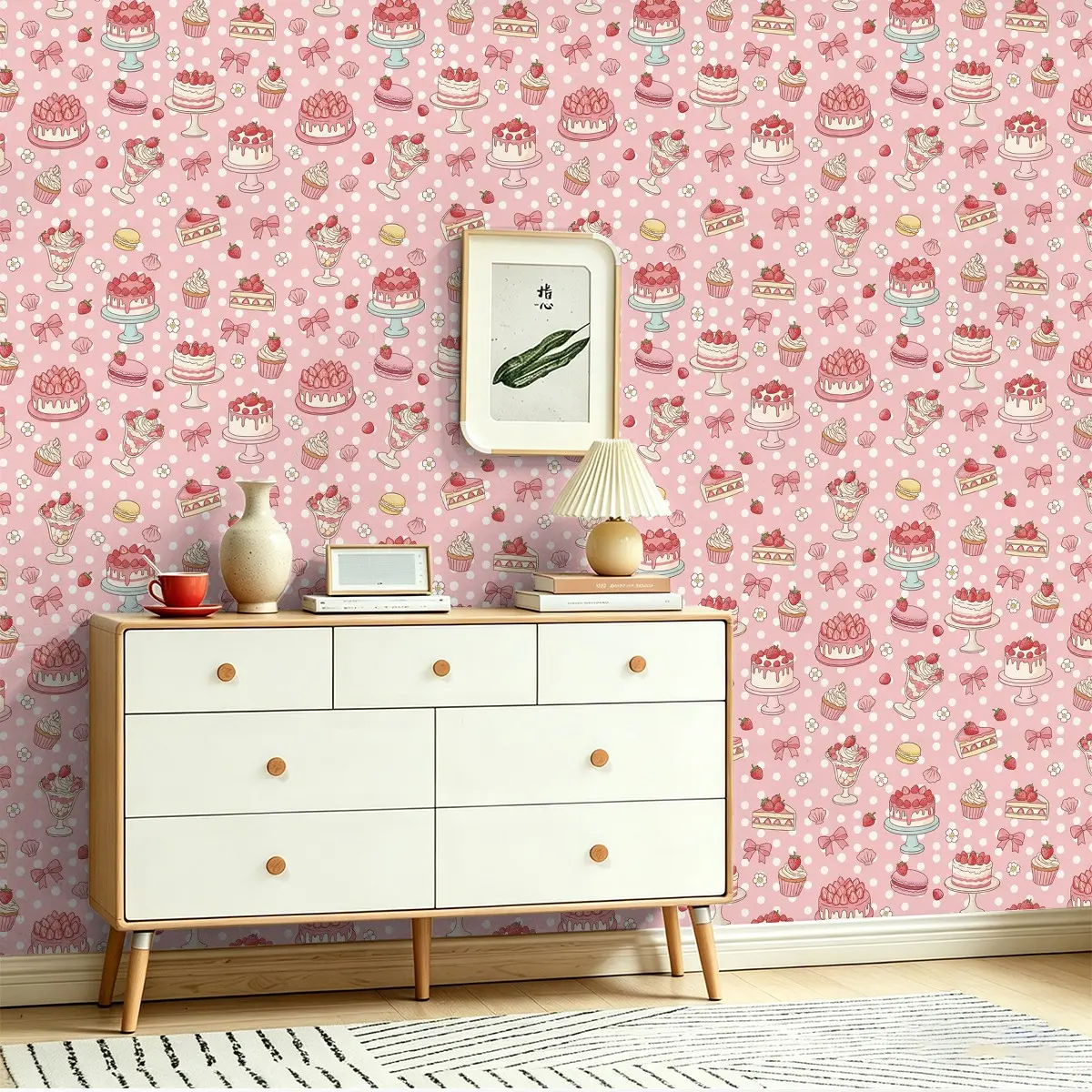 Seamless Loop Wall Stickers, Strawberry Cake Ice Cream Pattern, Self-Adhesive PVC Wallpaper, Sticky Wallpaper Peel and Stick, Peel and Stick Wallpaper Designs, High-Quality Non-Fading, Home Decor