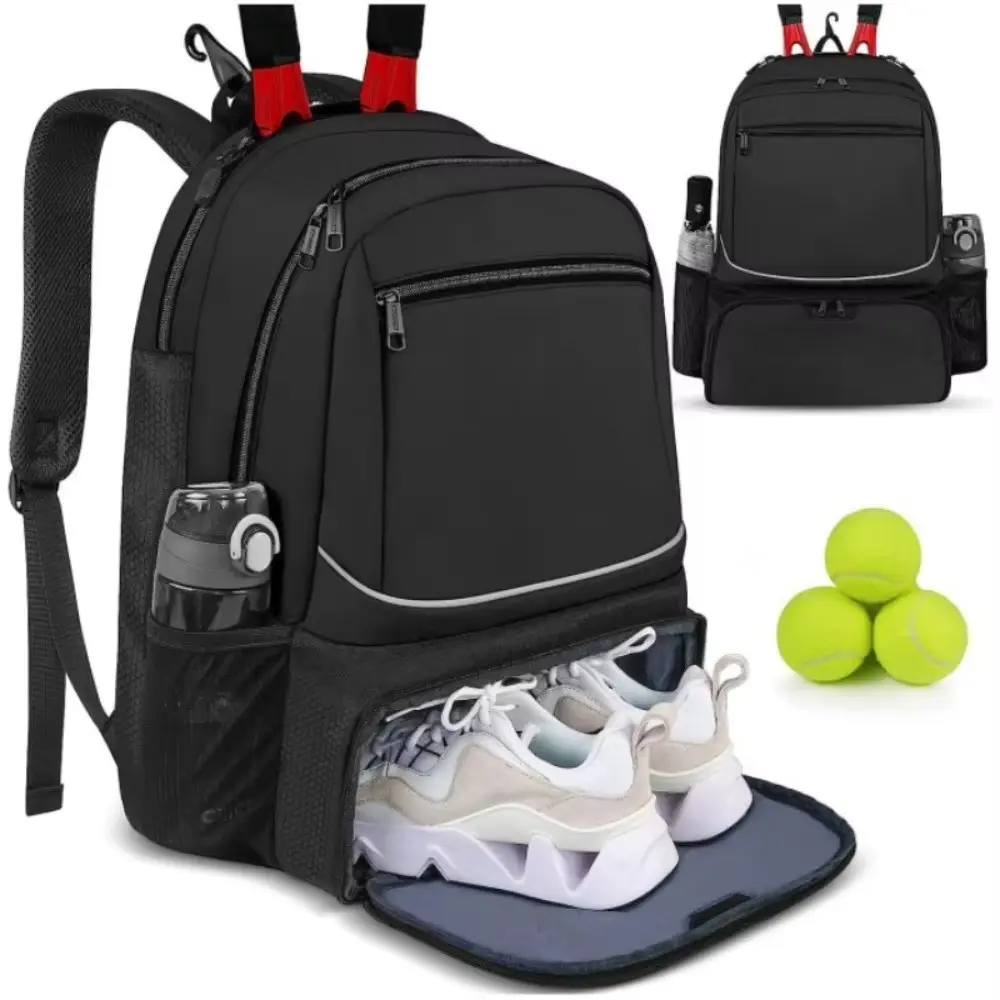 Large Capacity Tennis Sports Backpack, Holds 1-2 Rackets, Outdoor Badminton Bag with Separate Shoe Compartment, and Options