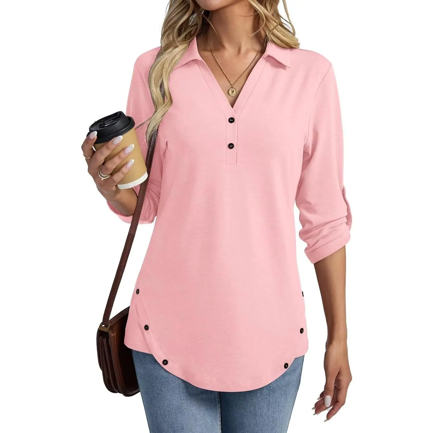 Women's 3/4 Length Rolled Sleeve Tunic Tops Collared V Neck T Shirts Both Side Buttons Blouses