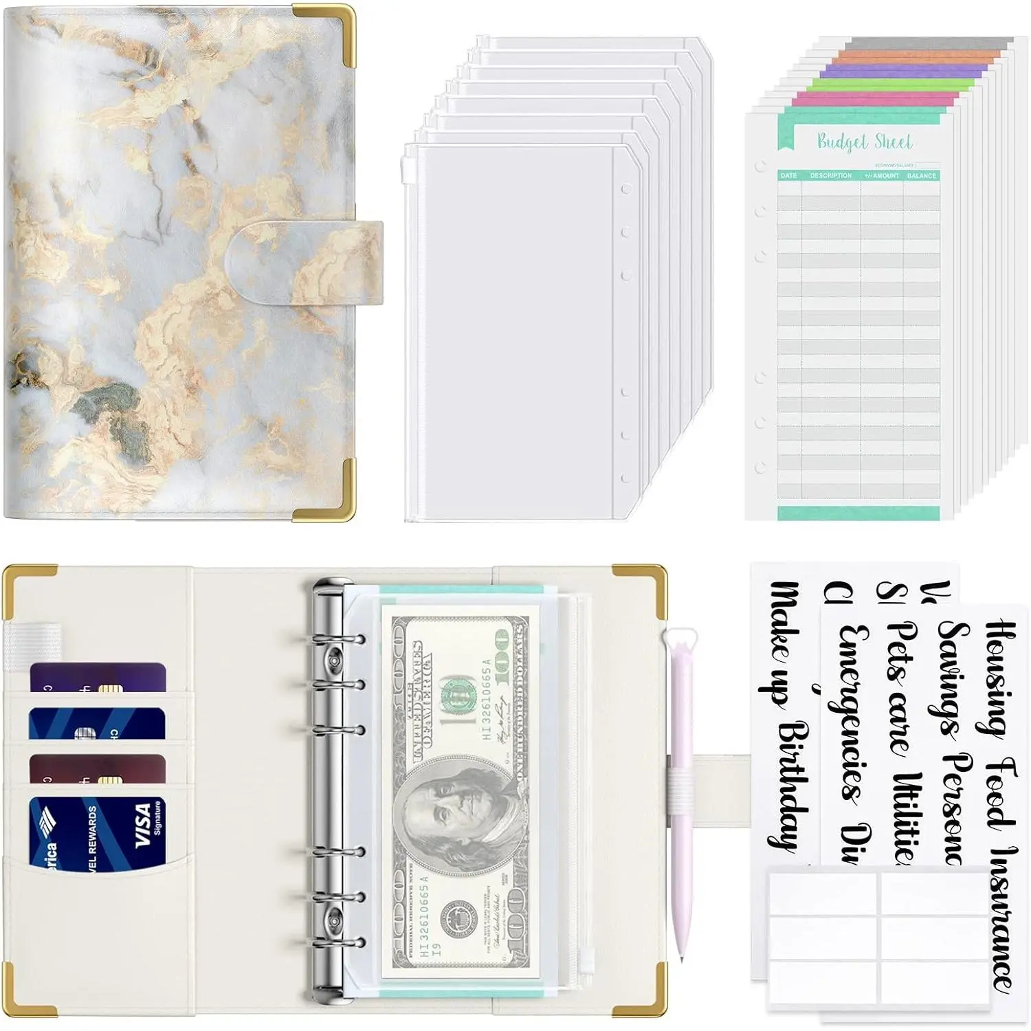 Budget Binder with Zipper Envelopes, A6  Saving Binder  Envelopes for Budgeting, PU Leather Planner  Organizer for  Bills, Cute Marble System Wallet for Women, Gray White