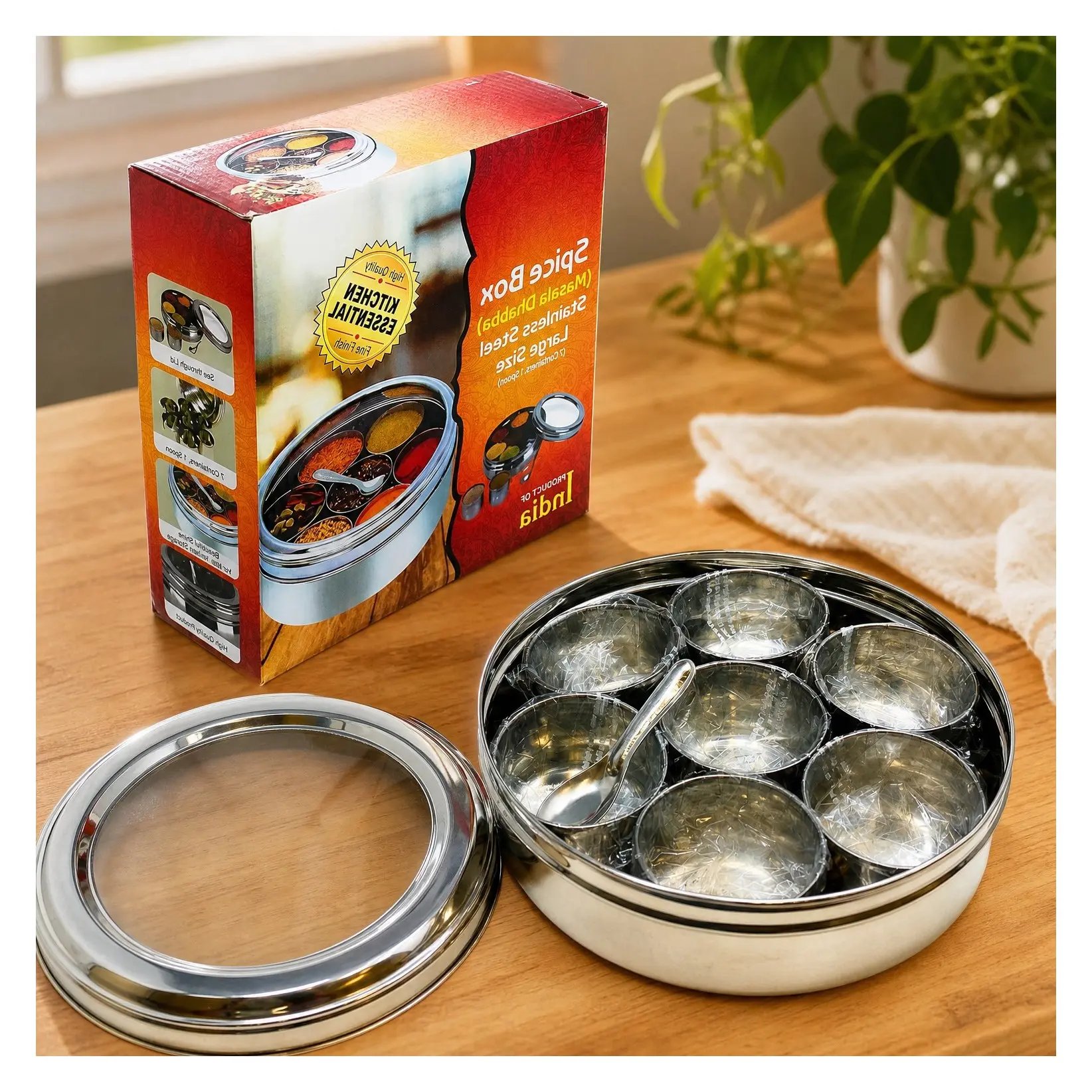 Spice Box (7.5in x 2.8in) Stainless Steel Transparent Round Storage For Spices (Masala Dabba) 7 Compartments, with spoon ~ Packed in an attractive box, perfect for gifts!Gift