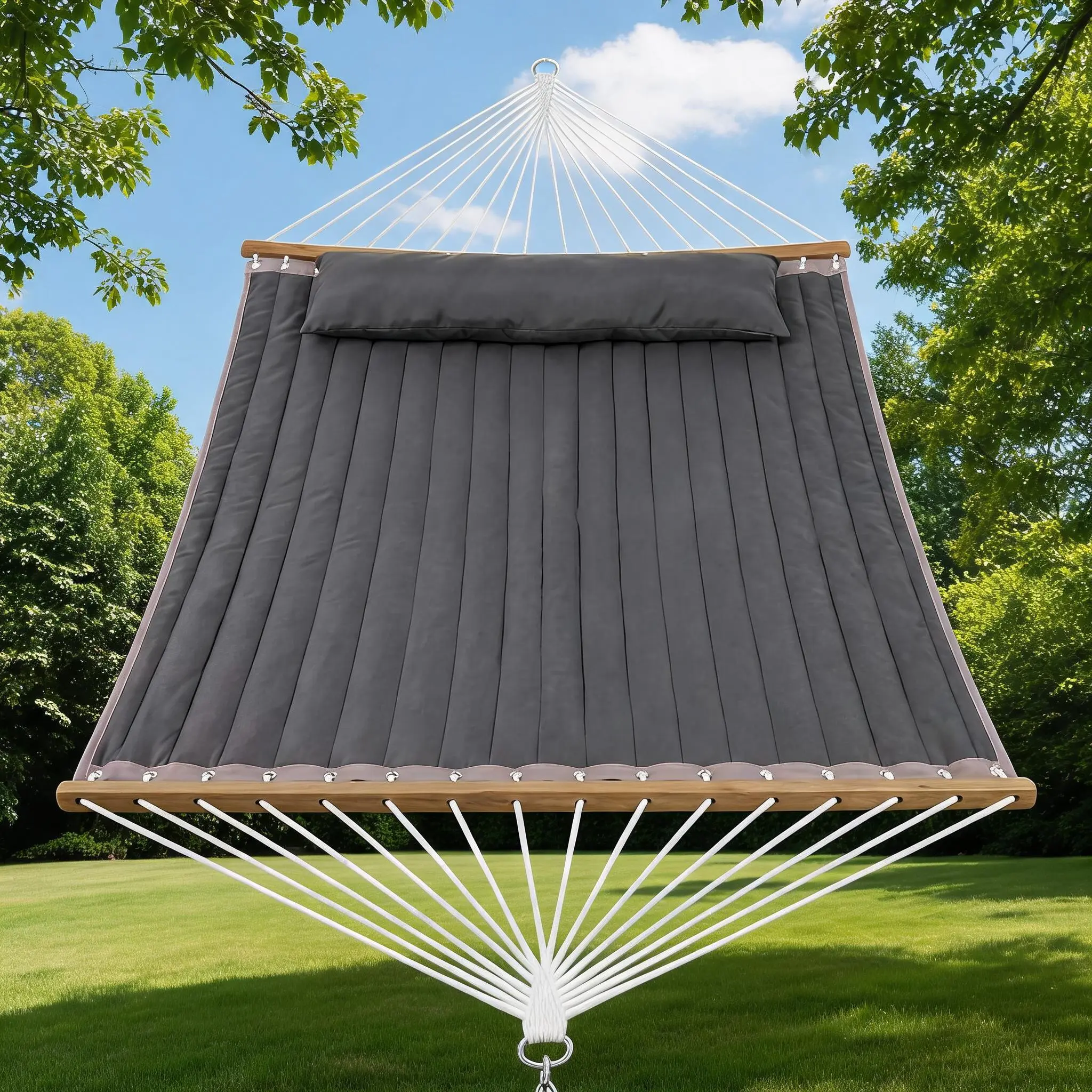 Heavy Duty Double Hammock,Outdoor Quilted Hanging Bed with Curved Spreader Bar, Removable Pillow, Storage Pockets, Weather Resistant