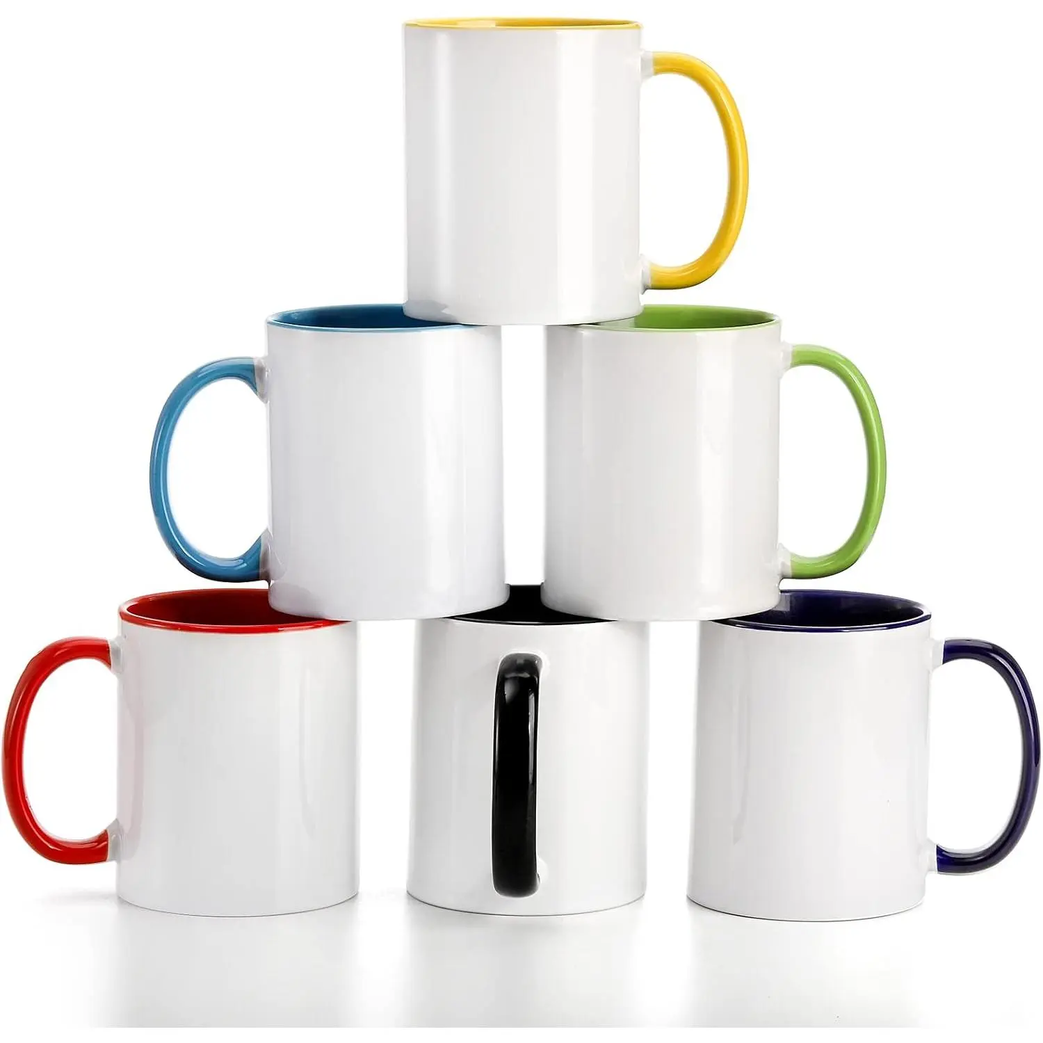 6-Pack 12oz Customized Porcelain Sublimation Mugs - Sturdy Multicolor Ceramic Coated Blank Handle Drinking Cups, DIY Everyday Sets for Cappuccino, Microwave Safe, Dishwasher Safe