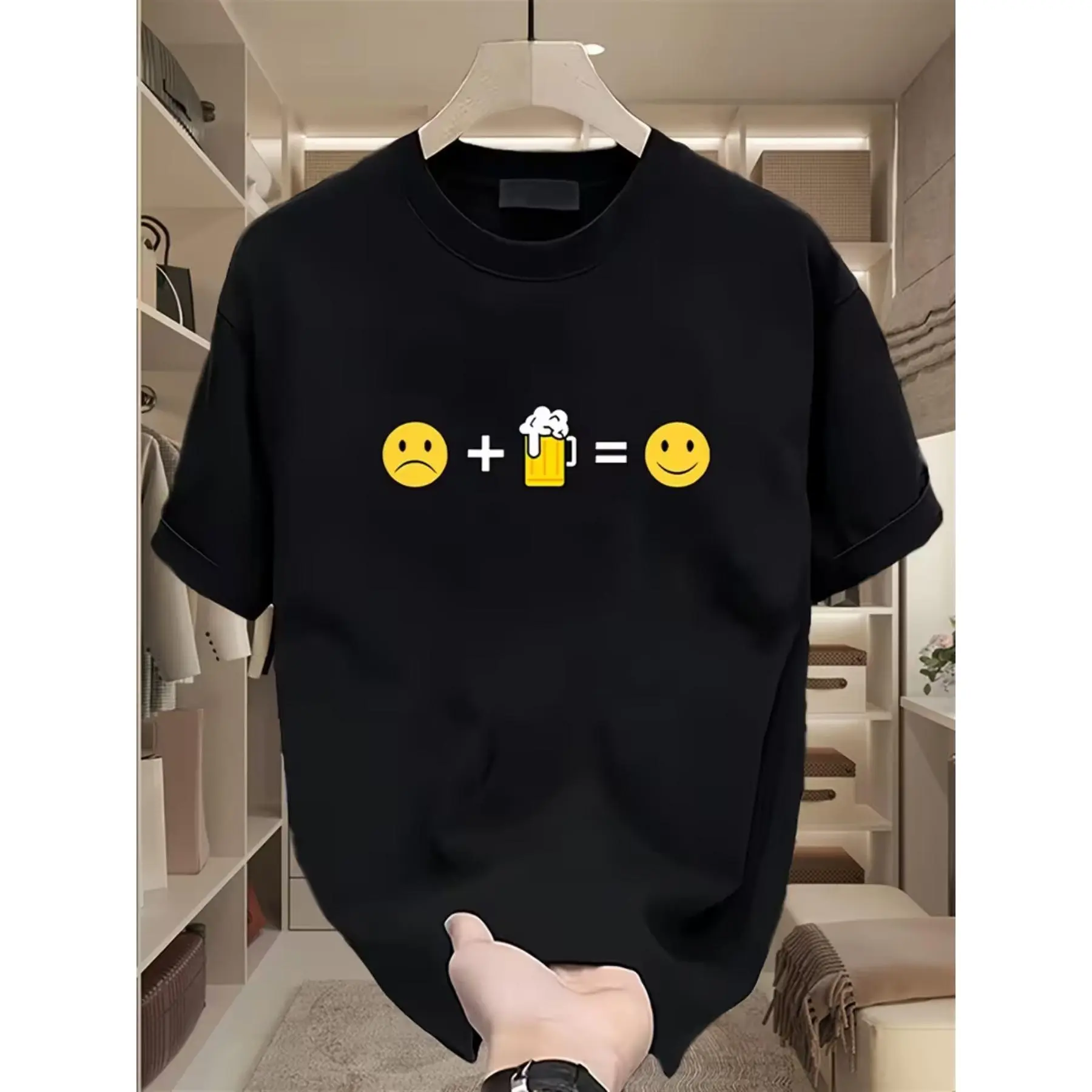 Men's Fashion Brand Printed Short-Sleeve T-Shirt | Heavyweight Solid Color Korean-Japanese Style Versatile Top with Crew Neck, Slight Stretch, Cartoon Pattern, Regular Fit for Daily Casual Wear