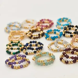 CCGOOD 2pcs Gold Plated Beaded Ring Set Vibrant Multicolor Stone Bead Rings Summer Beach Aesthetic Jewelry for Her