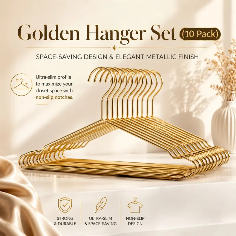 10-Pack Premium Gold Metal Hangers, sturdy and load-bearing. Featuring sleek thin design to save closet space, high-quality metal finish and anti-slip grooves.