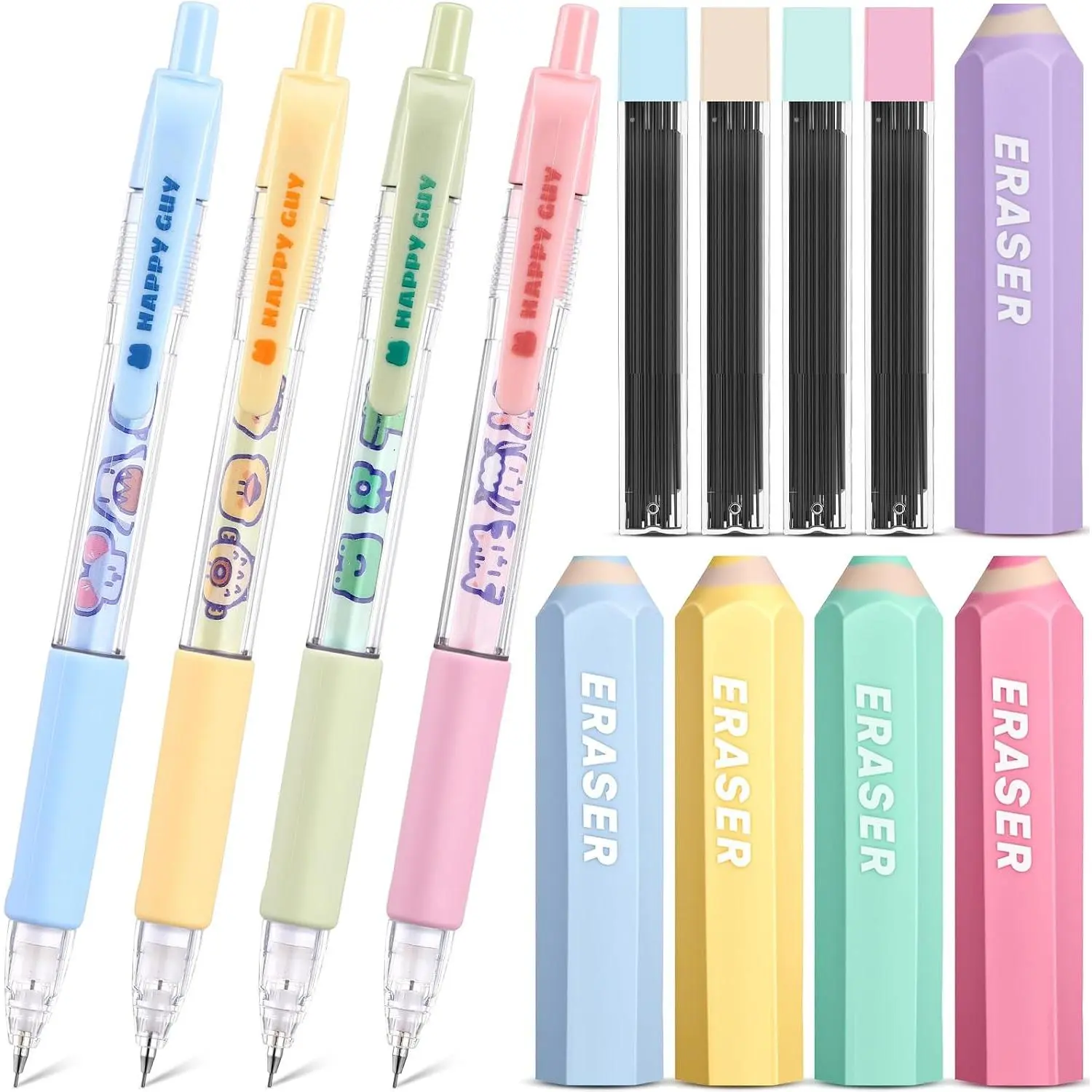 13 count Black  Mechanical Pencil Set, 4 Mechanical Pencils 0.5mm, with 4 2B Lead Refills and 3/5 Erasers Christmas Stocking Stuffers for Women Cats Lovers Gifts (Colored)