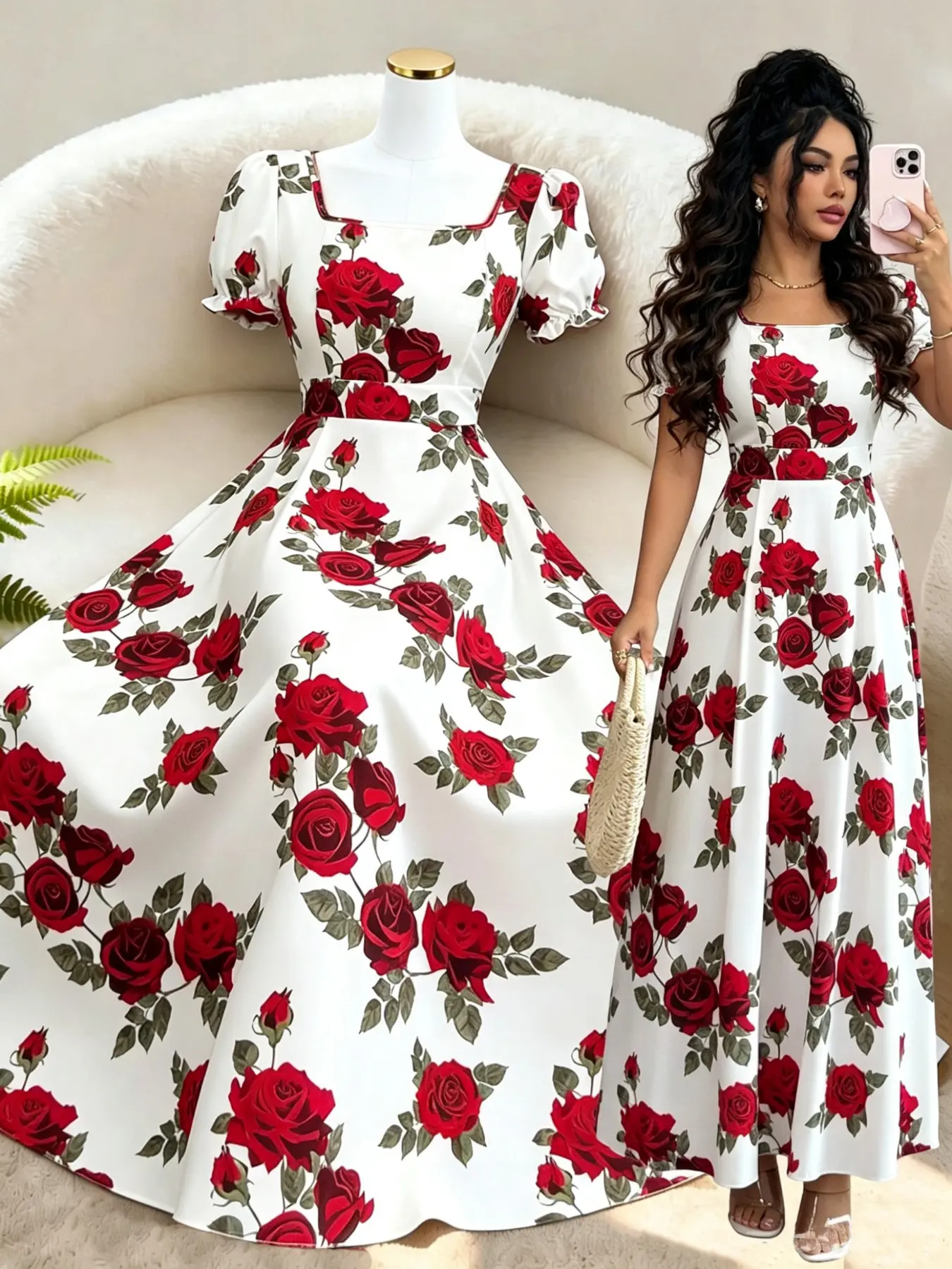 French Square Neck Rose Print A-Line Long Dress, Soft Style Lantern Sleeve Resort Dress, Perfect for Dates, Dinners, Parties