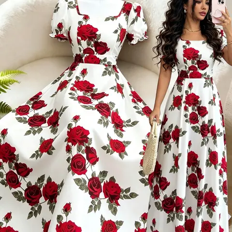 French Square Neck Rose Print A-Line Long Dress with Lantern Sleeves, Boho Casual Elegant Soft Resort Style for Dates, Dinners & Parties, Boho Fashion
