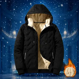 Men's Winter Heavyweight Fleece-Lined Long Sleeve Tops, Menswear Thermal Windproof Geometric Textured Full-Zip Sherpa Hooded Coat with Zipper Pockets, Casual Streetwear Cold Weather Outerwear