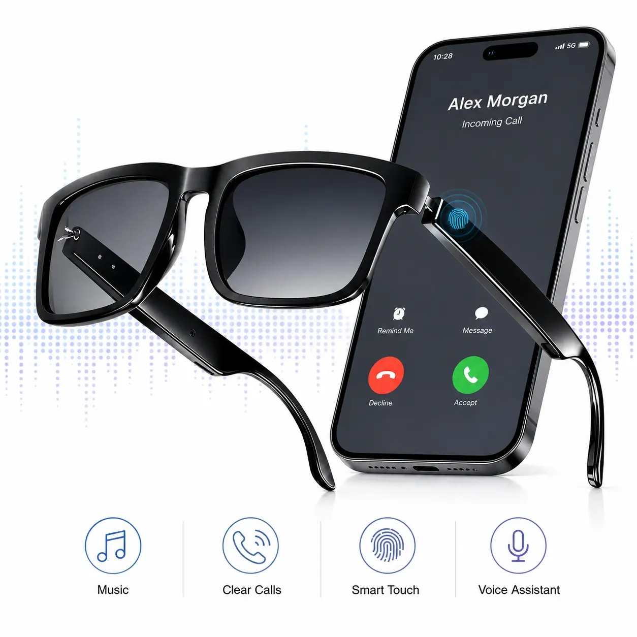 Smart Glasses for Men Women, Open-Ear Bluetooth Sunglasses with Touch Control, Built in Speakers and Mic, Voice Assistant and UV Protection, AI Smart Sunglasses