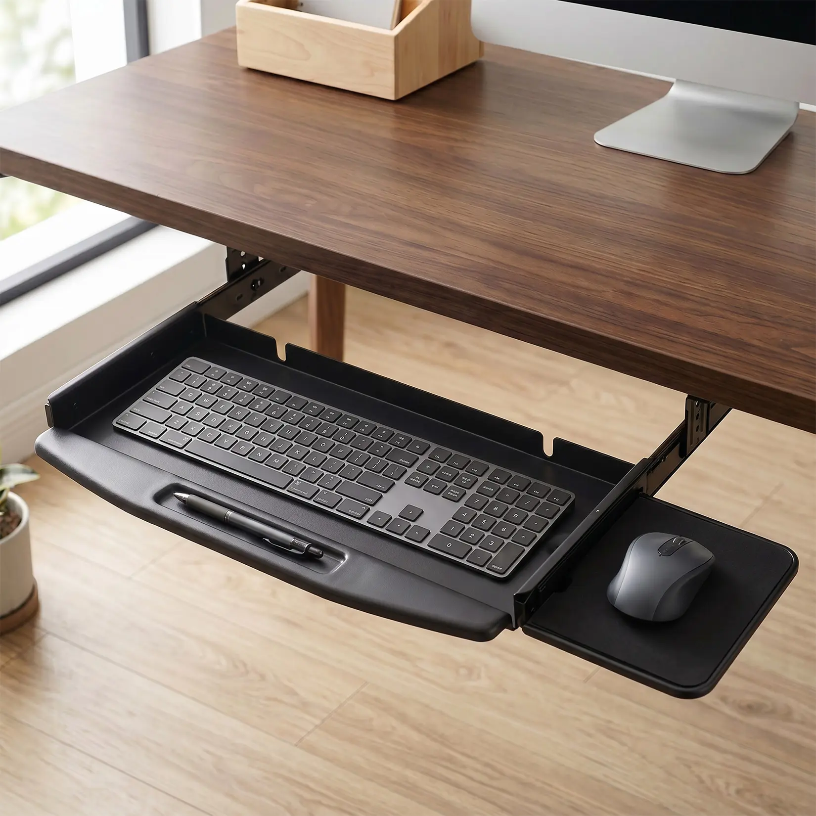 19" Metal Slide-Out Under Desk Keyboard Tray, Slide-Out Holder for Desks Over 22" Wide, Space-Saving Desktop Organizer, with Mouse Platform, Black