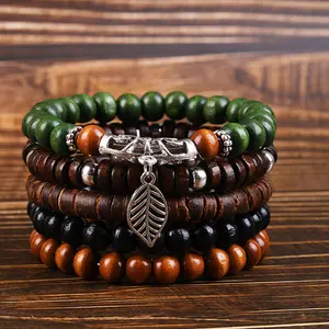5Pcs/Set GADASLUY Men's And Women's Bohemian Style Fashion Wooden Beaded Bracelet, Couple Bracelet Combination Hand String Gift Handmade Beaded Chain Set