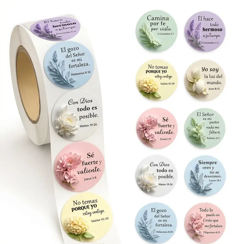500PCS Bible Verse Stickers Roll, 3D Embossed Christian Quote Stickers, Aesthetic Floral Scripture Decals for Journal, Planner, Gift Wrapping & Church Decoration