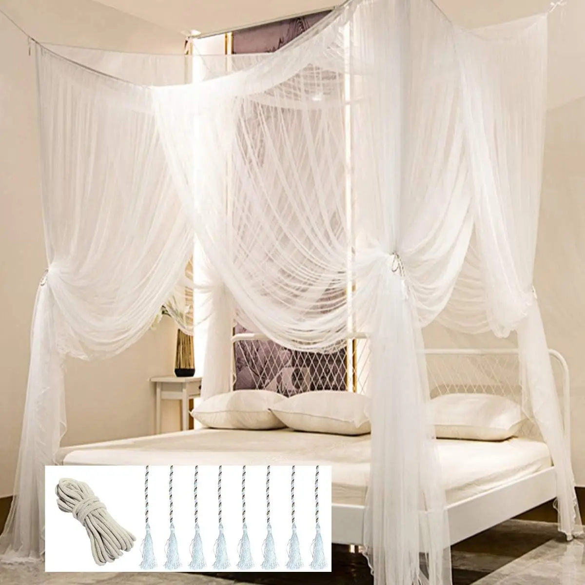 Bed, Bed Curtains Bed Drapes for Full Queen King Size Bed Net Bed Curtains for Indoor Room Decor Screen Netting Curtains White