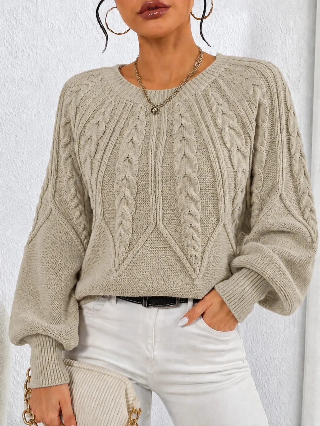 Women's Cable Knit Sweater Crew Neck Lantern Sleeve Oversized Cozy Casual Pullover for Fall Winter