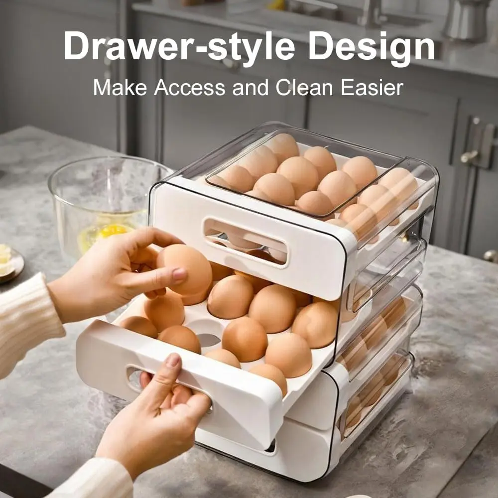 Egg Container Holders Dispenser for Refrigerator 32 Eggs, 2 Tier Clear Stackable Holder Tray with Drawer for Fridge, Storage Container with Handles for Refrigerator, Countertop