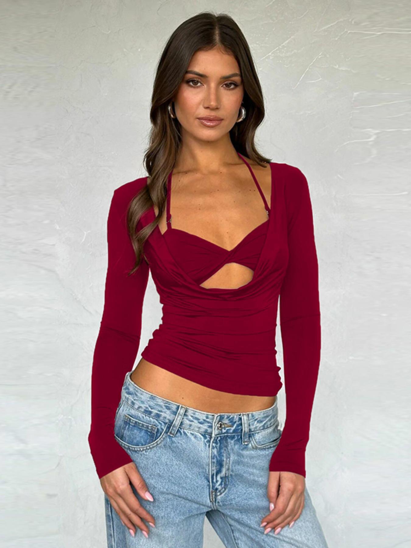 Women's Plain Twist Cut Out Halter Tee, Casual Tie Back Long Sleeve 2 in 1 T-shirt for Spring & Fall, Women's Clothing for Daily Wear, Valentine's Day, Gift, Plunge Neck Top, Lady Crop Top, Womenswear