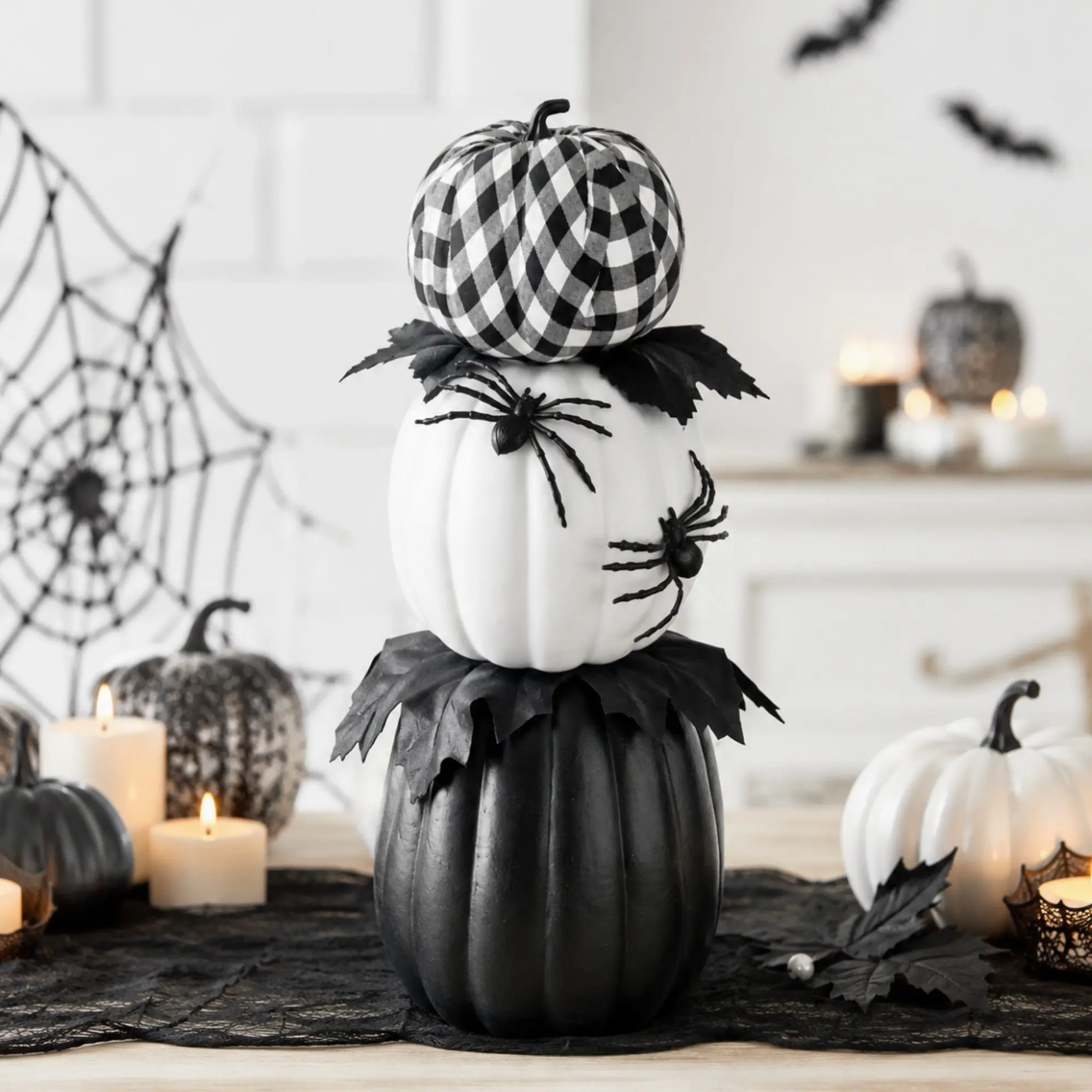 1pc Halloween Pumpkin Stack with Spiders Decor, Fall Harvest Home Decoration, Halloween, Christmas, Autumn Theme, Faux Foliage, Seasonal Centerpiece, Porch, Dining Room, Living Room, Bedroom & Garden Decor
