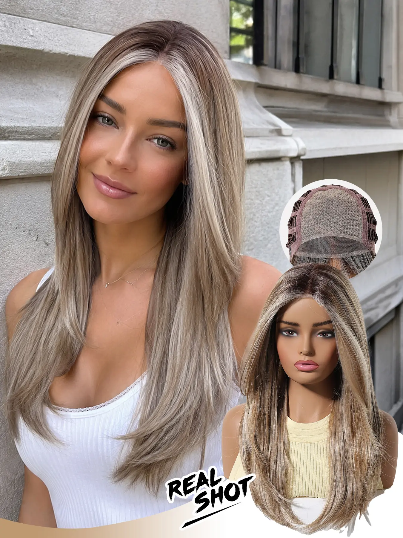 Mono Realistic Scalp Medium-Length Straight Synthetic Wigs, Natural Dark Base, Free Parting, Multi-Layered, Suitable for Daily Commute and Dates