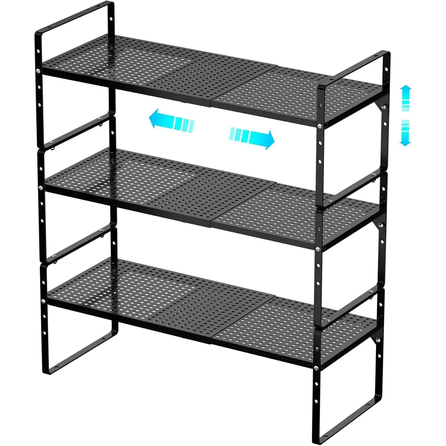 3-Pack Black Steel Shelf Rack, Adjustable and Stackable Organizer for Kitchen Counter, Cabinet, Pantry, Camping
